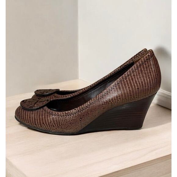 Tory Burch Miller Snakeskin Embossed Leather Wedge Shoe Size 7M - Picture 1 of 7